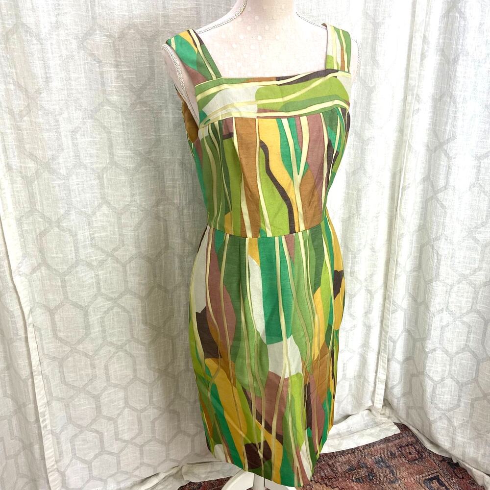 Kay Unger Cocktail Dress Size 8 Green‎ Brown Abstract Linen Blend Semi Formal - Picture 3 of 15